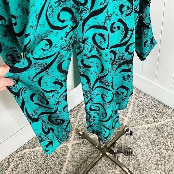 Vintage Saint Jermaine Paris Womens 1X Button Front Tunic Top Green Black Swirls - Picture 13 of 16